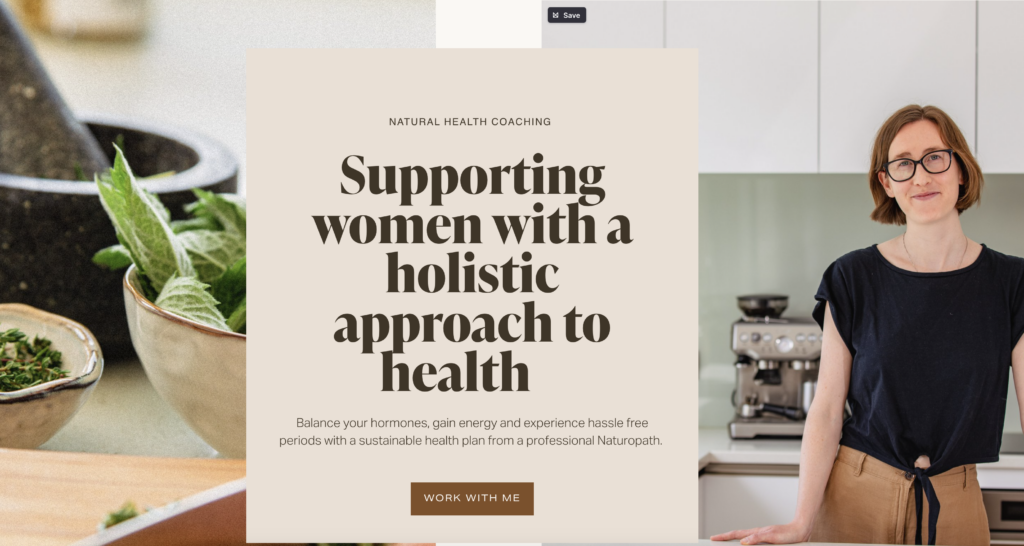 Screenshot of Lana Phillips Naturopathy's website home page. On the right: an imapge of Lana, smiling in a kitchen. On the left: a mortar and pestle with bowls od fresh herbs and a wood cutting board. Text overlay: "Natural health caoching: Supporting Women with a holistic approach to health. Balance your hormones, gain energy, adn experience hassle-free periods with a sustianable health plan from a professional Naturopath."